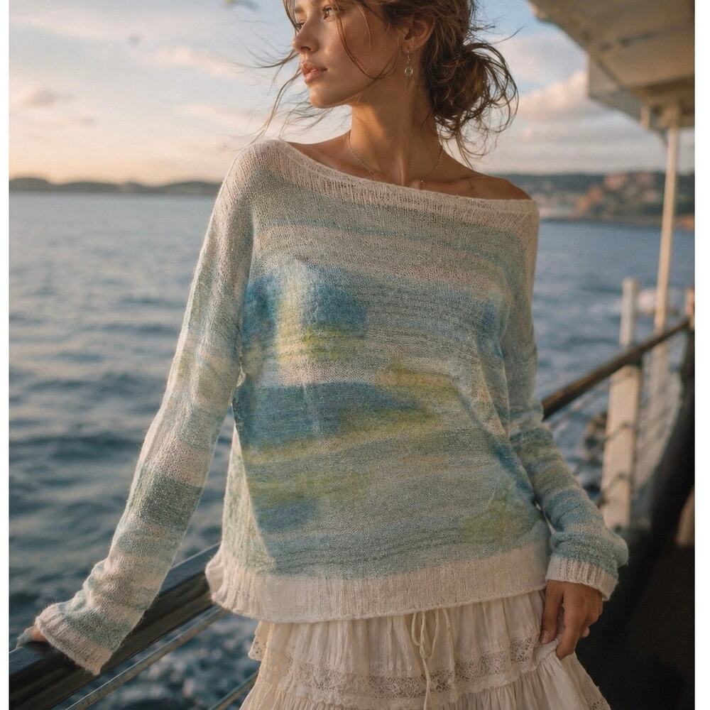 Anthropologie Troubadour Green Shimmer Alpaca Knit Striped Boxy Sweater Size Lg